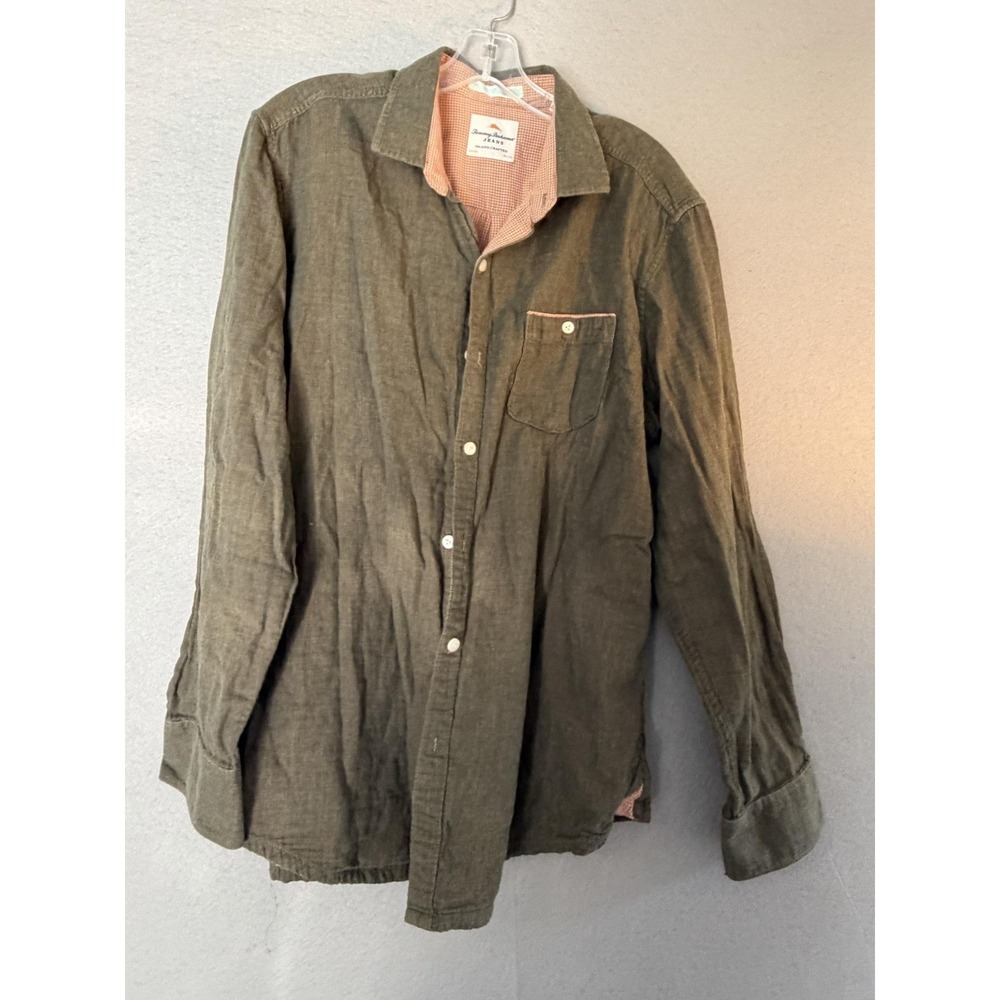 Tommy Bahama Jeans Shirt Mens Large Green Solid Long Sleeve Button Up Casual